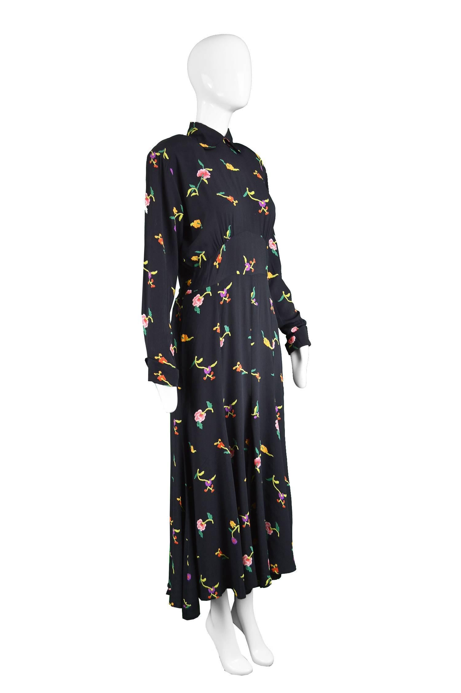 Norma Kamali Vintage Floral Black Crepe Shoulder Padded Dress, 1980s 1