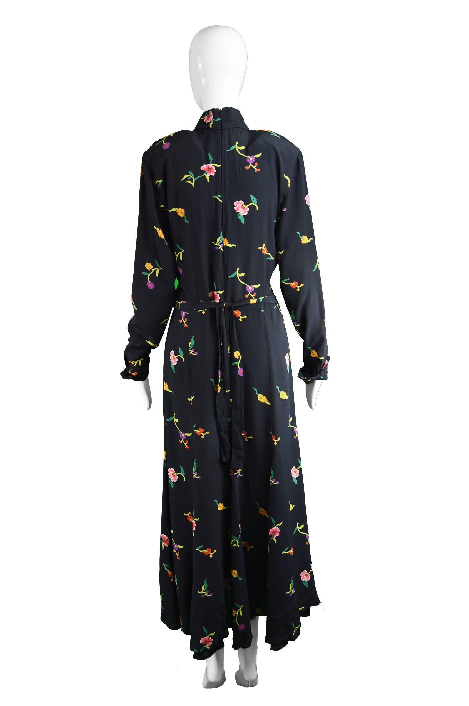 Norma Kamali Vintage Floral Black Crepe Shoulder Padded Dress, 1980s 2