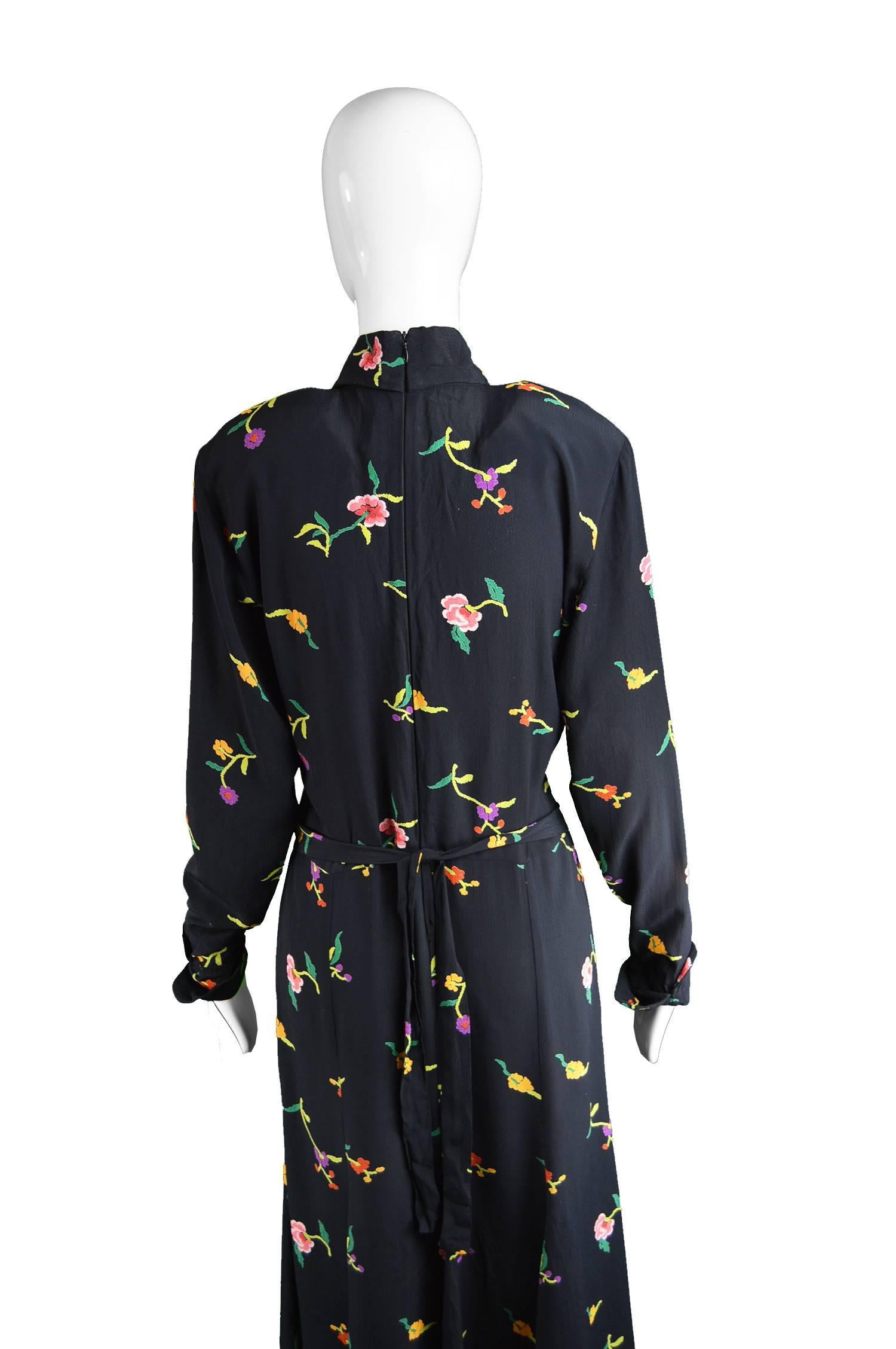 Norma Kamali Vintage Floral Black Crepe Shoulder Padded Dress, 1980s 3