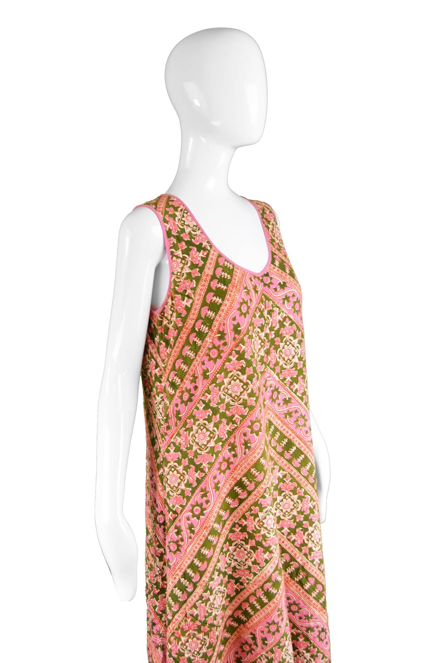 Anokhi Vintage Indian Cotton Pink & Green Maxi Column Dress, 1970s In Excellent Condition In Doncaster, South Yorkshire