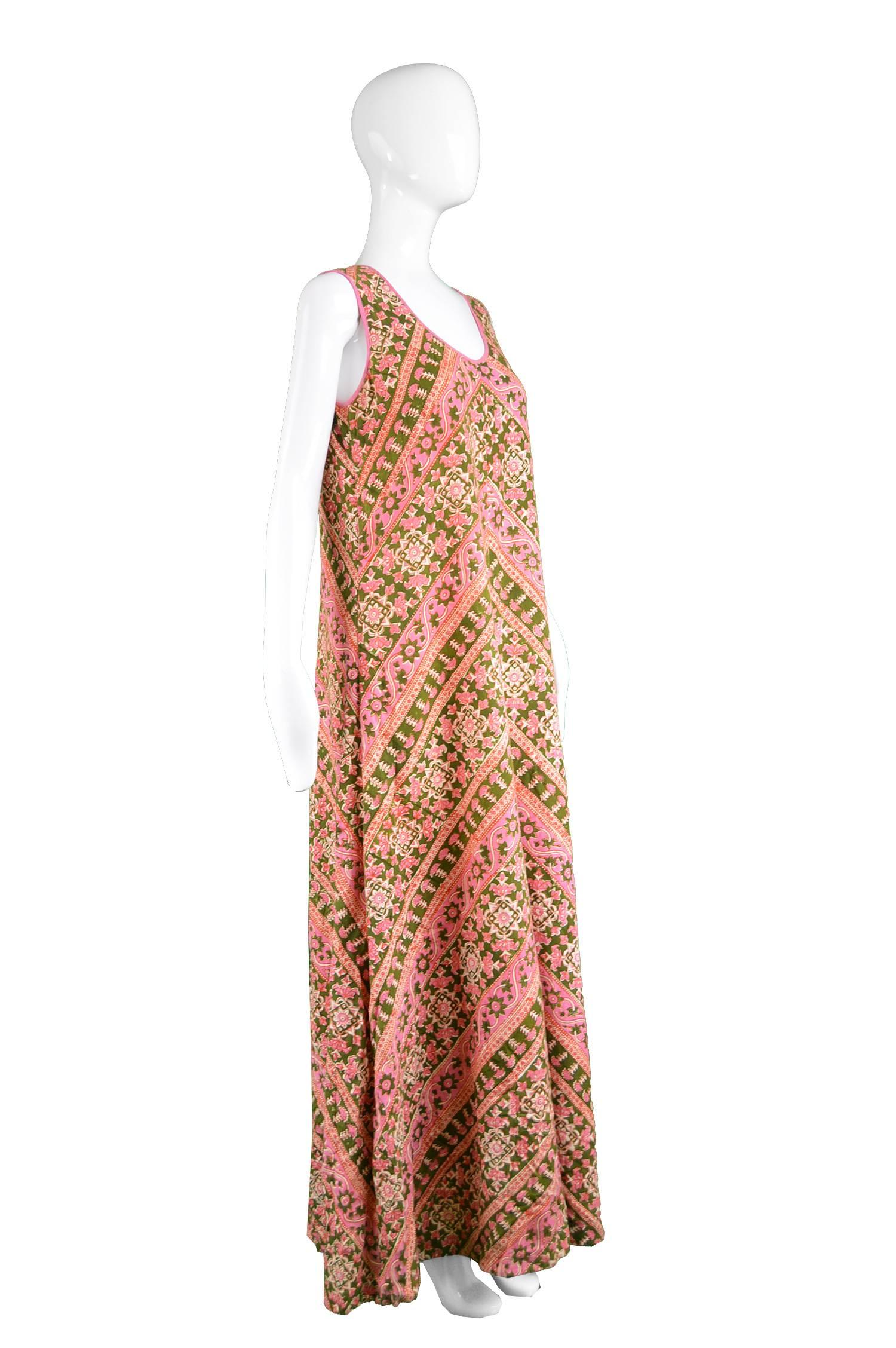 Beige Anokhi Vintage Indian Cotton Pink & Green Maxi Column Dress, 1970s