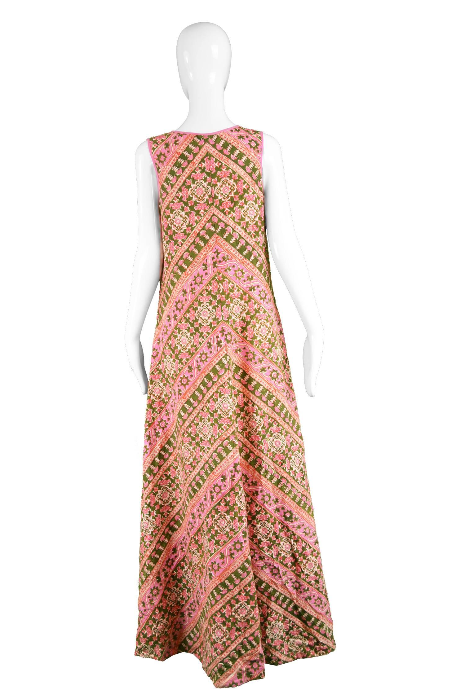 Anokhi Vintage Indian Cotton Pink & Green Maxi Column Dress, 1970s 1