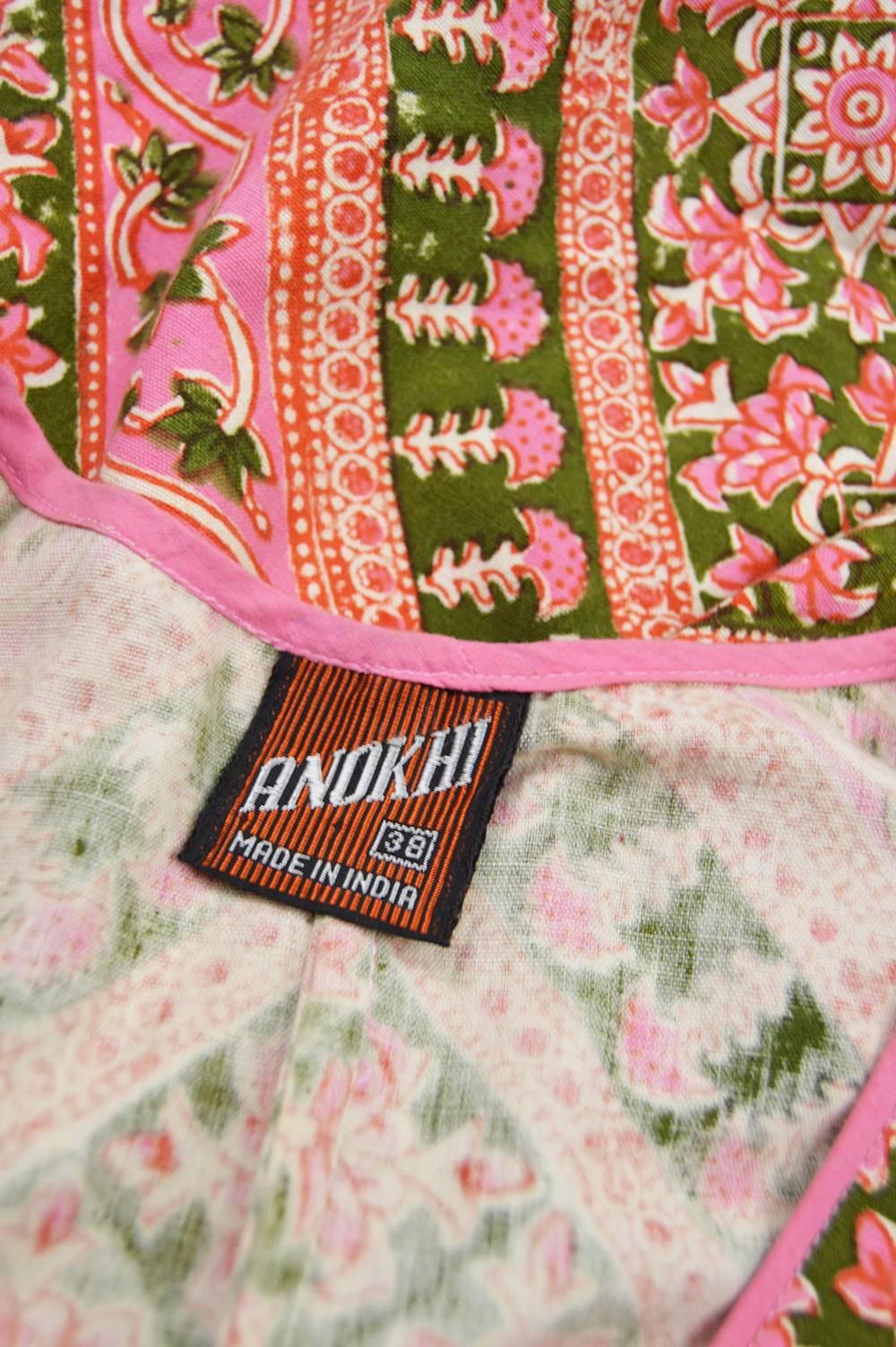 Anokhi Vintage Indian Cotton Pink & Green Maxi Column Dress, 1970s 2