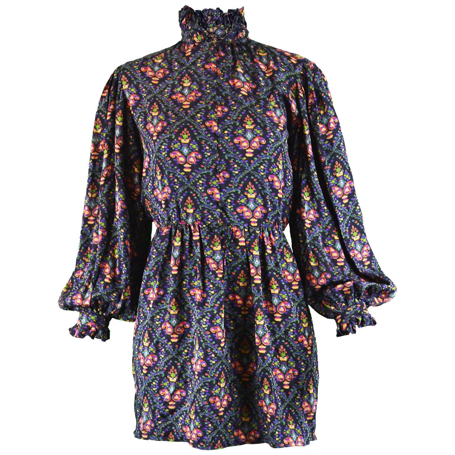 Oscar de la Renta Vintage Poet Sleeve Silk Tapestry Print Mini Dress, 1970s