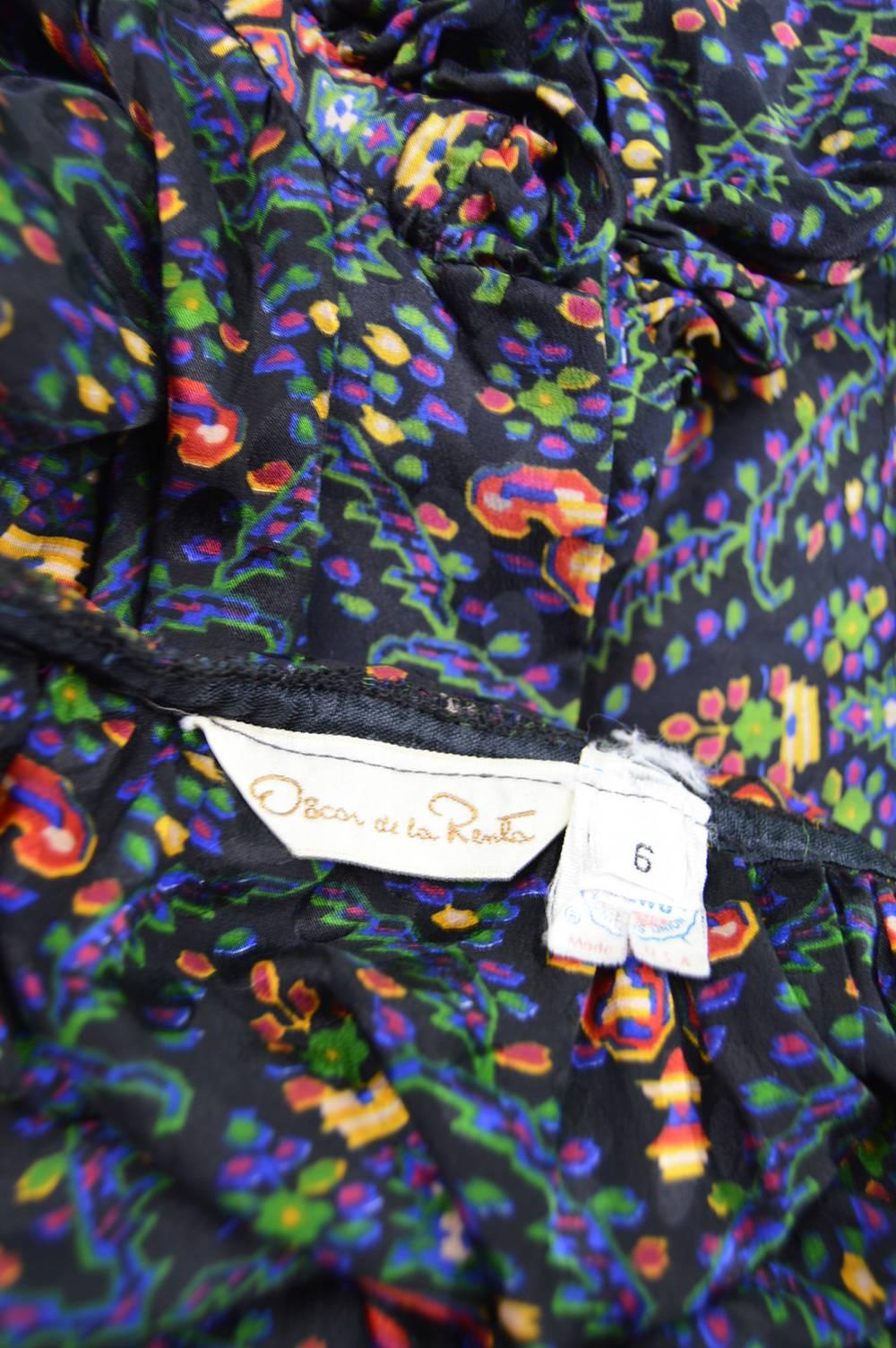 Oscar de la Renta Vintage Poet Sleeve Silk Tapestry Print Mini Dress, 1970s 2