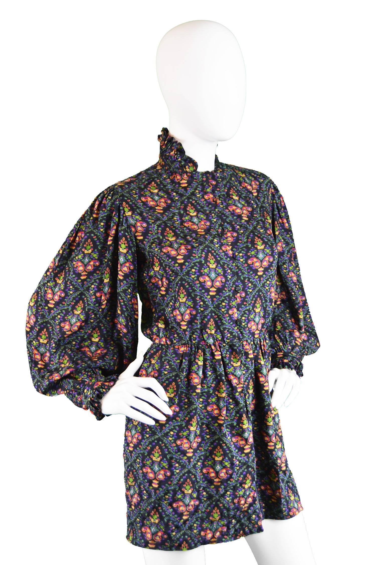 Black Oscar de la Renta Vintage Poet Sleeve Silk Tapestry Print Mini Dress, 1970s