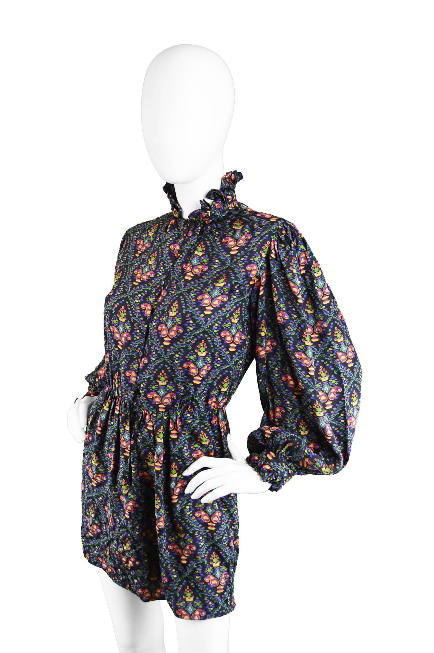 Oscar de la Renta Vintage Poet Sleeve Silk Tapestry Print Mini Dress, 1970s 1