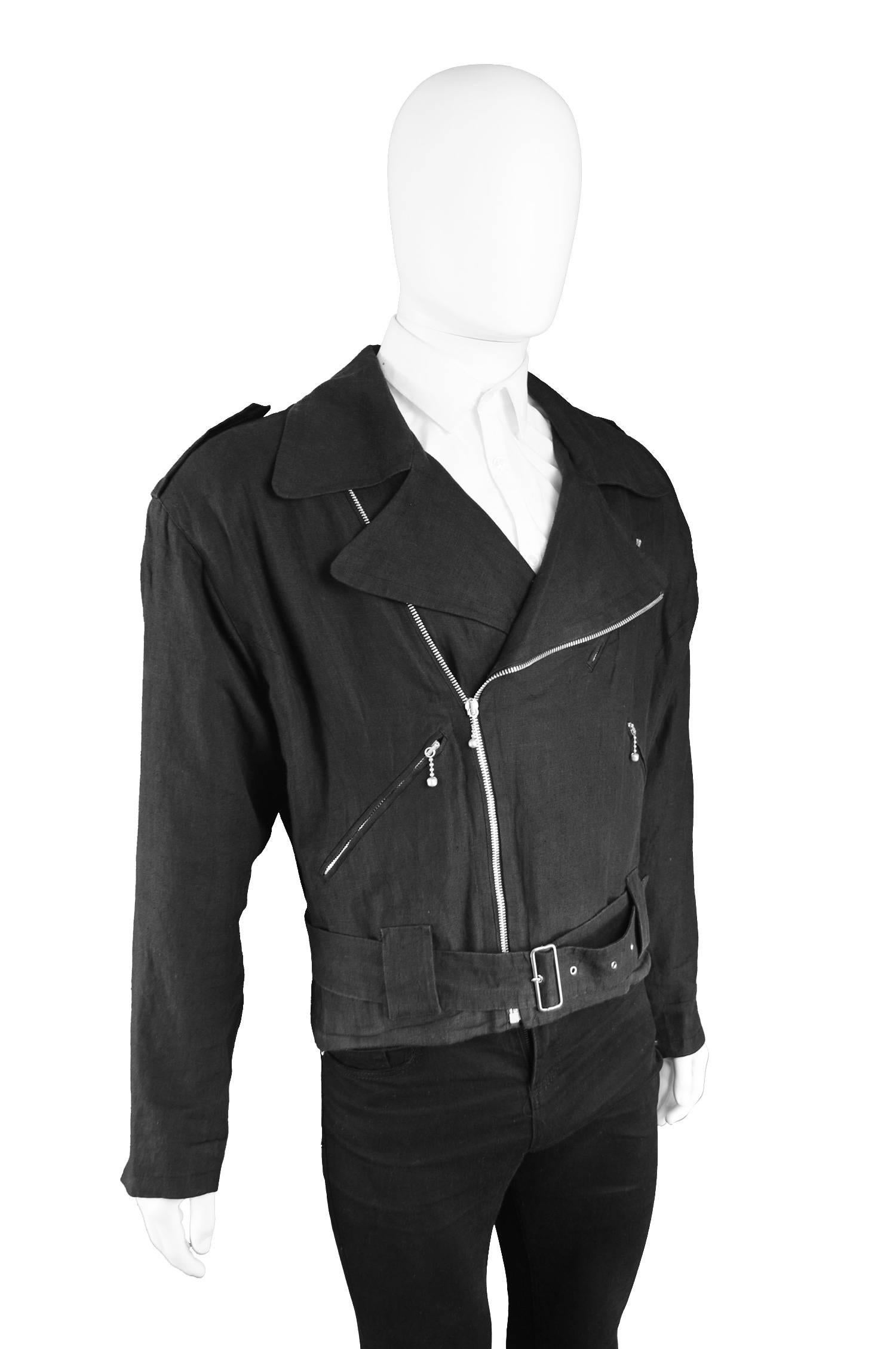 Gray Rare Jean Paul Gaultier Pour Bogy's Men's Vintage Linen Biker Jacket, 1980s