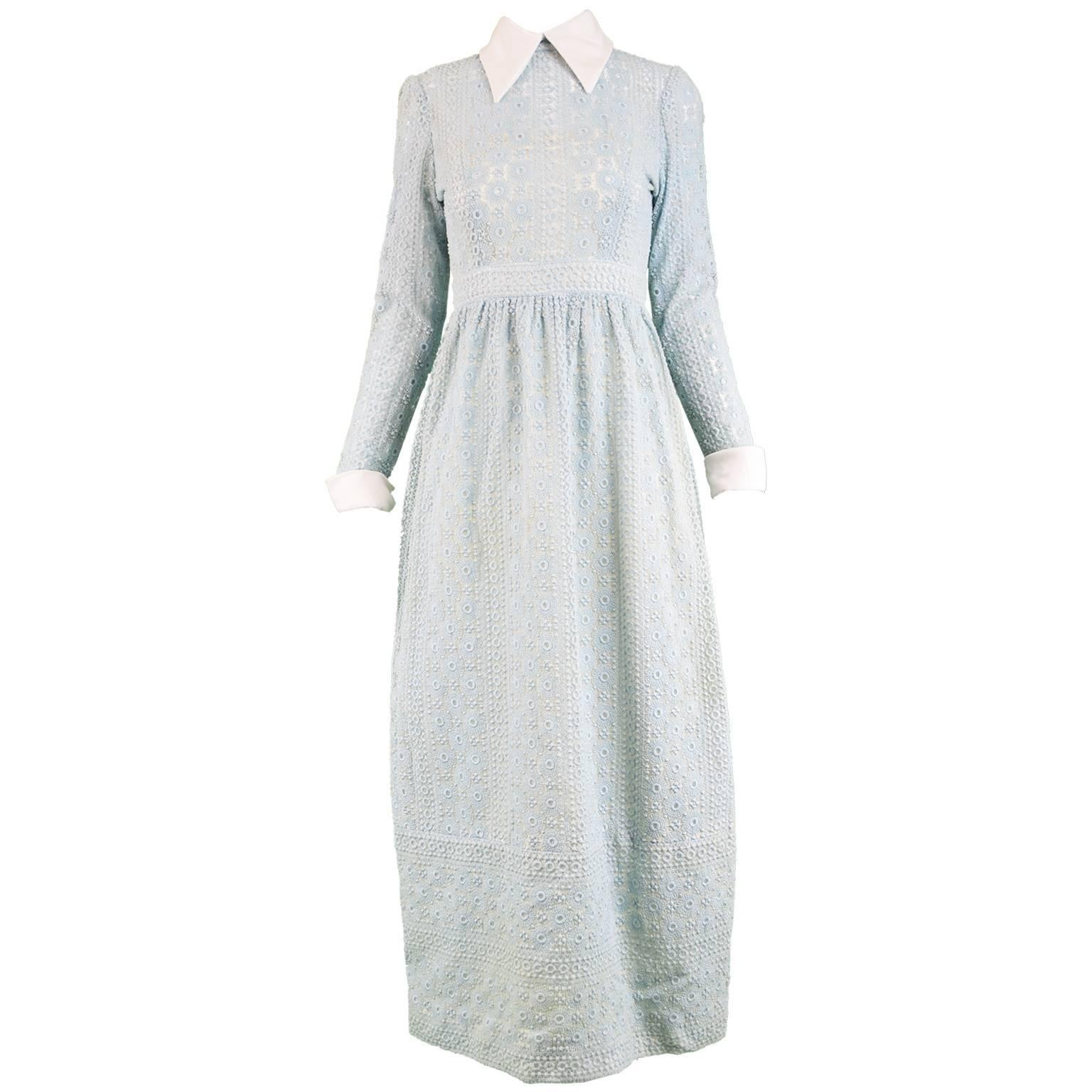Victor Costa Pale Mint Broderie Anglaise & Organza Maxi Dress, 1970s For Sale