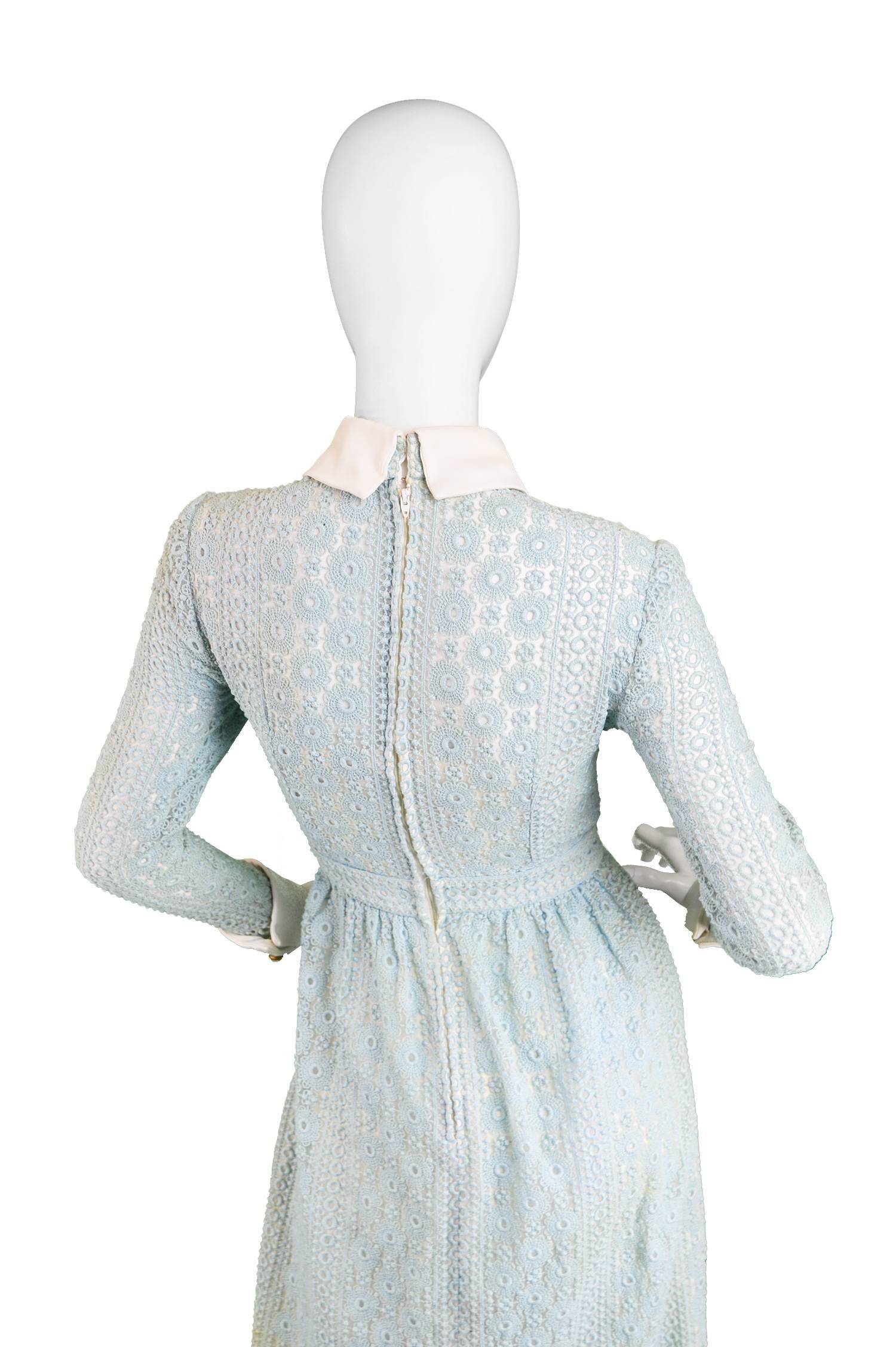 Victor Costa Pale Mint Broderie Anglaise & Organza Maxi Dress, 1970s For Sale 3