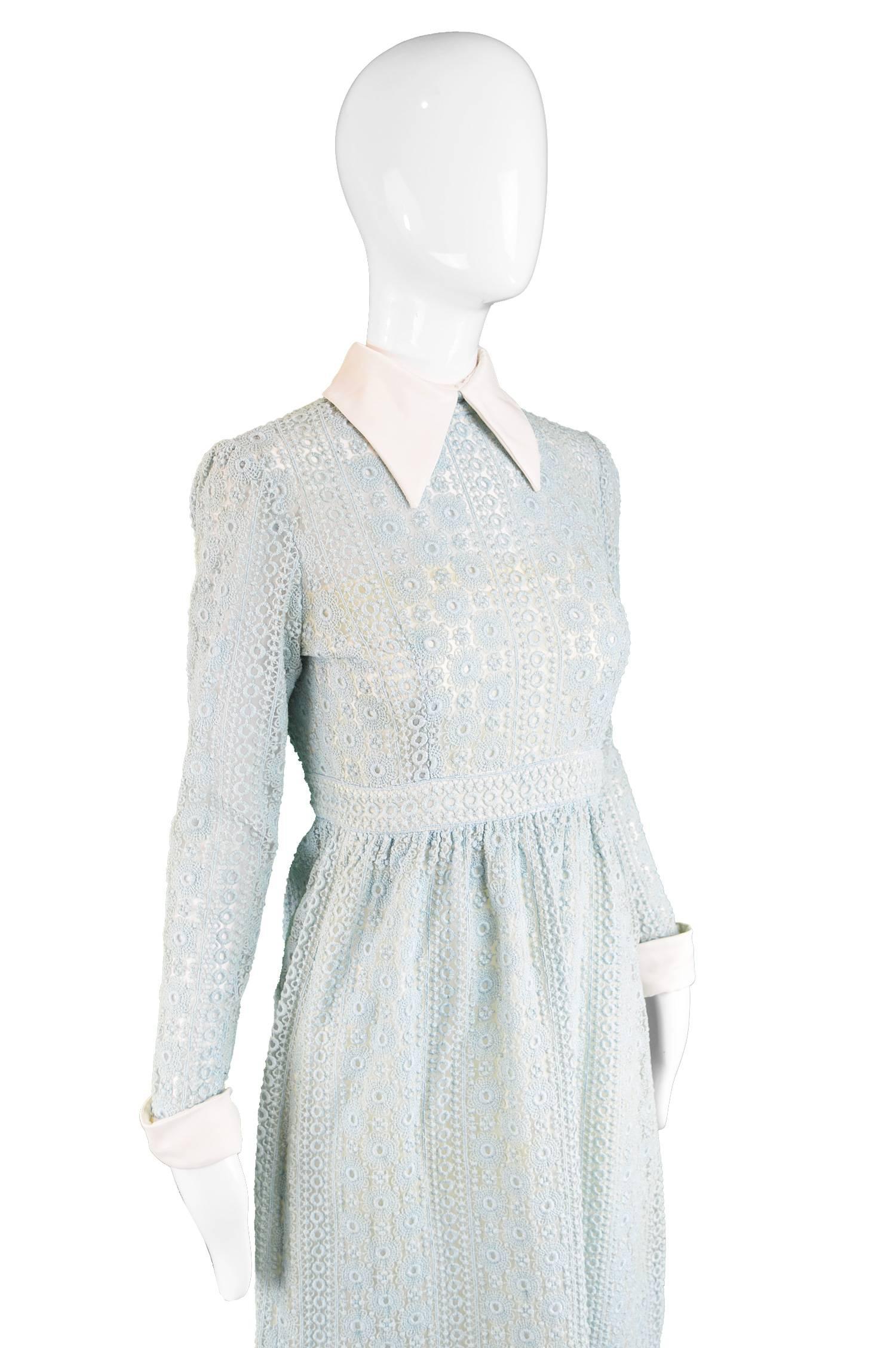 Gray Victor Costa Pale Mint Broderie Anglaise & Organza Maxi Dress, 1970s For Sale