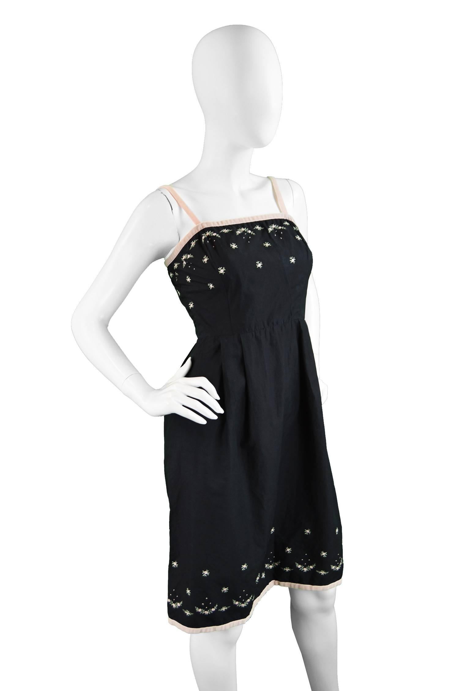 Women's Anne Valore of Paris Couture Black Cotton Dress with Floral Embroidery, 1960s