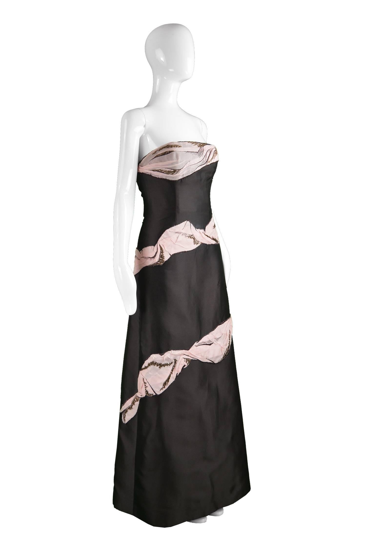 Black Bruce Oldfield Couture Trompe L'oeil Embroidered Silk & Organza Strapless Gown