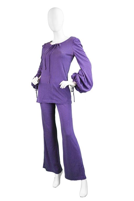 Biba Purple Polka Dot Two Piece Tunic Top and Palazzo Pant Suit, 1970s