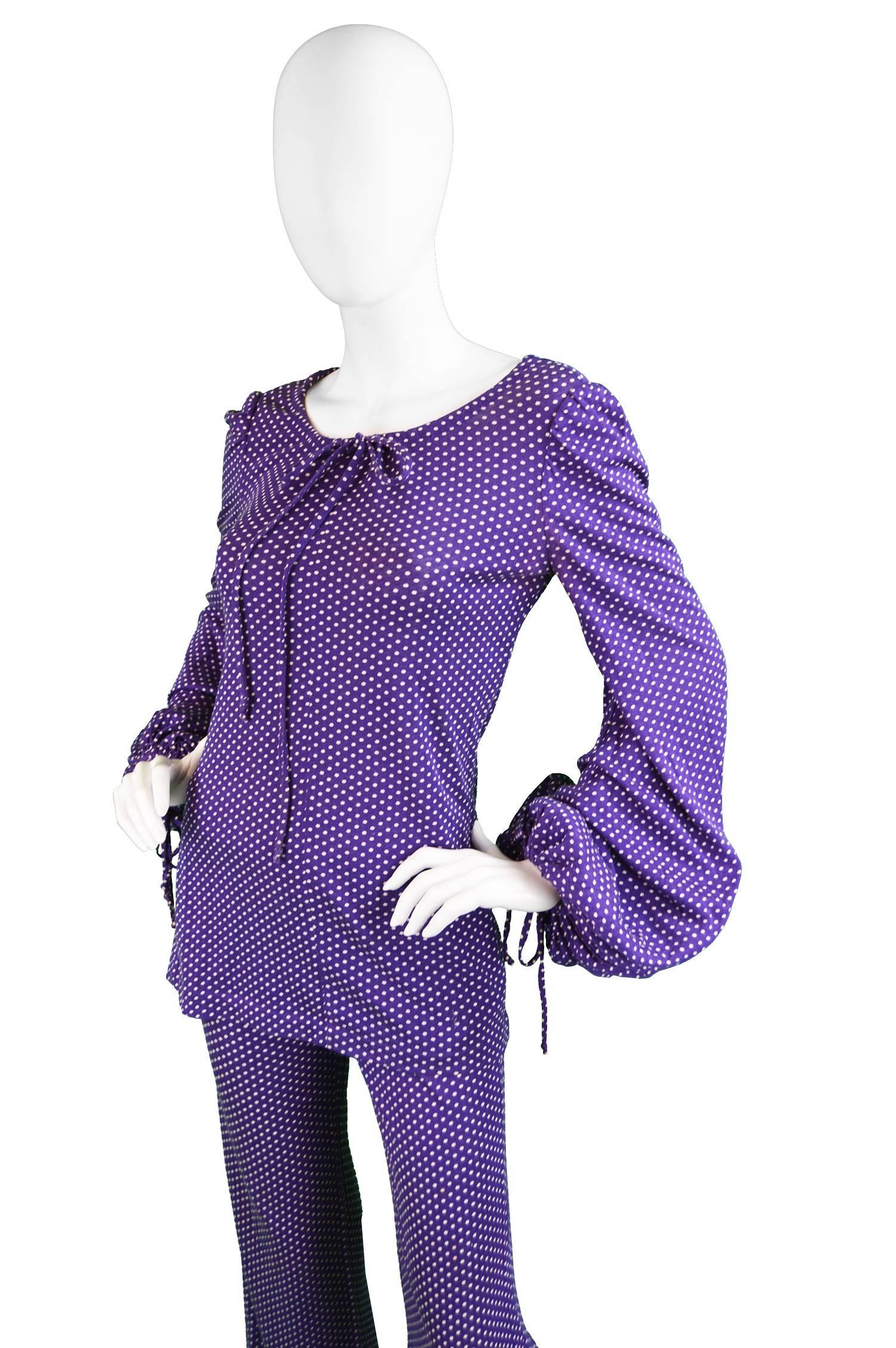 Biba Purple Polka Dot Two Piece Tunic Top and Palazzo Pant Suit, 1970s In Excellent Condition In Doncaster, South Yorkshire