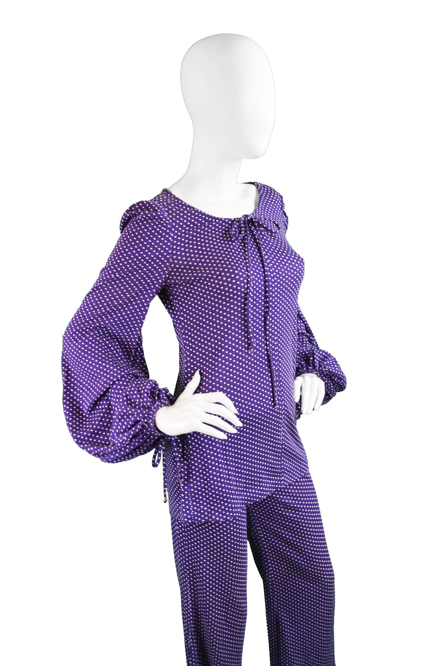 Women's Biba Purple Polka Dot Two Piece Tunic Top and Palazzo Pant Suit, 1970s