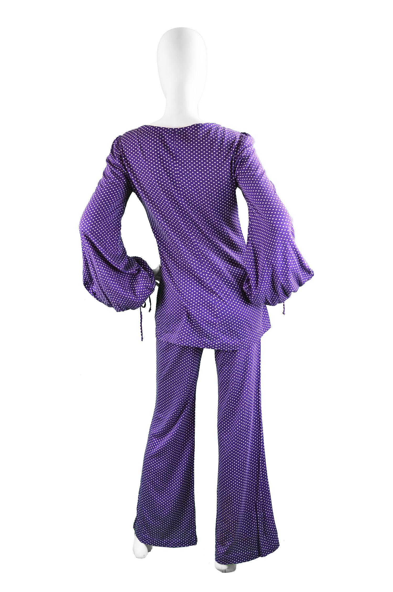 Biba Purple Polka Dot Two Piece Tunic Top and Palazzo Pant Suit, 1970s 1