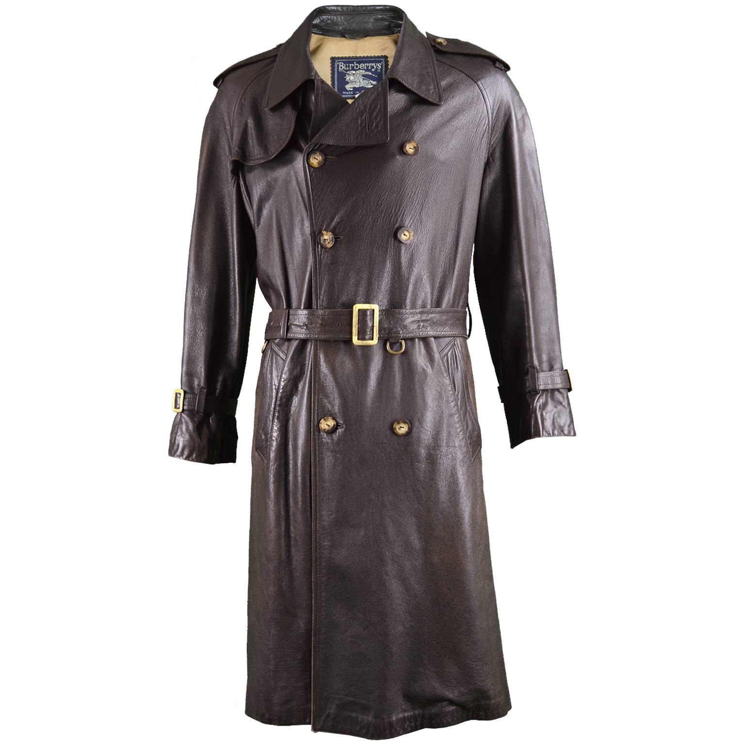 Burberry Men's Brown Leather Vintage Belted Trench Coat, 1960s