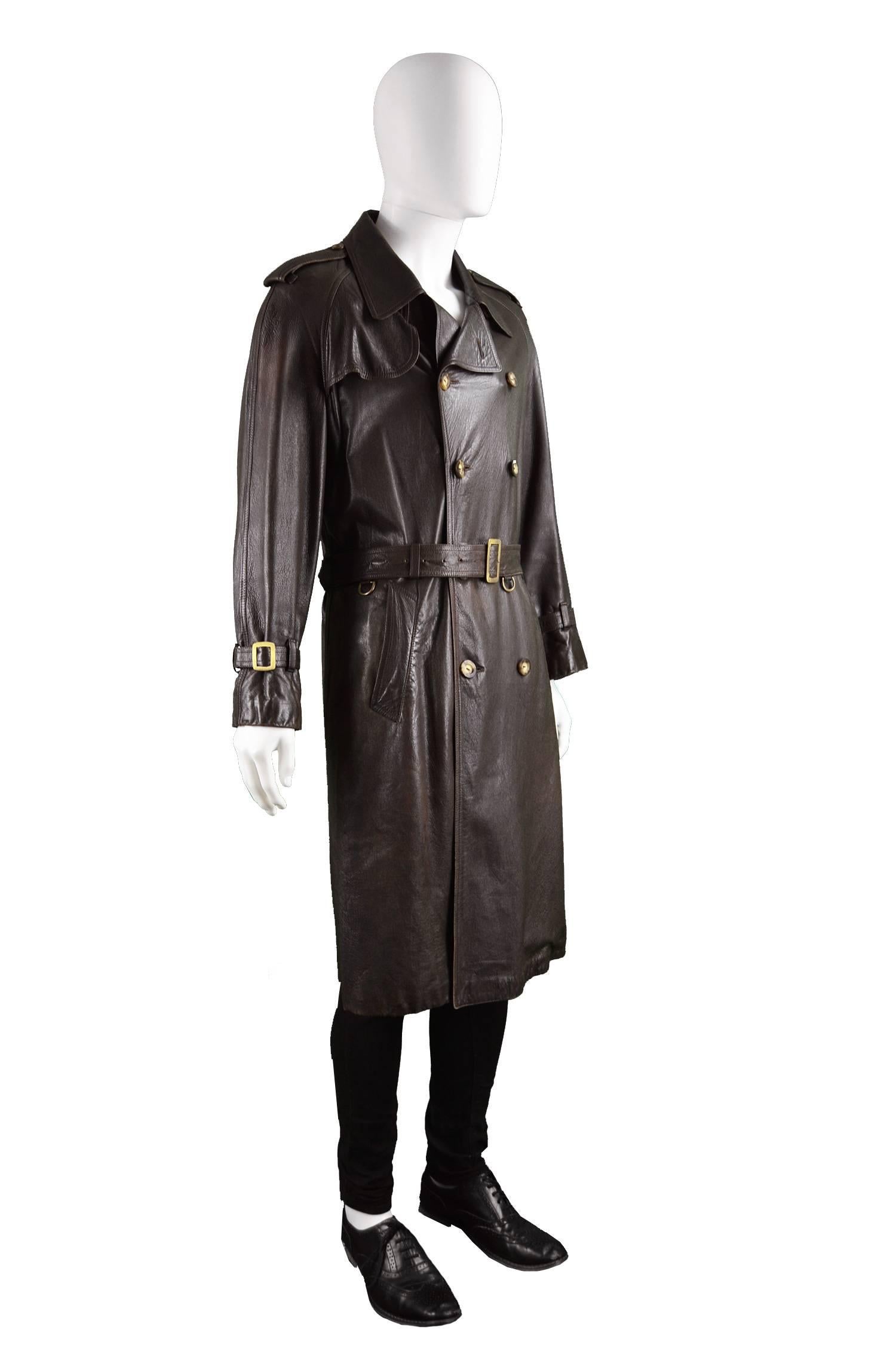 Black Burberry Men's Brown Leather Vintage Belted Trench Coat, 1960s
