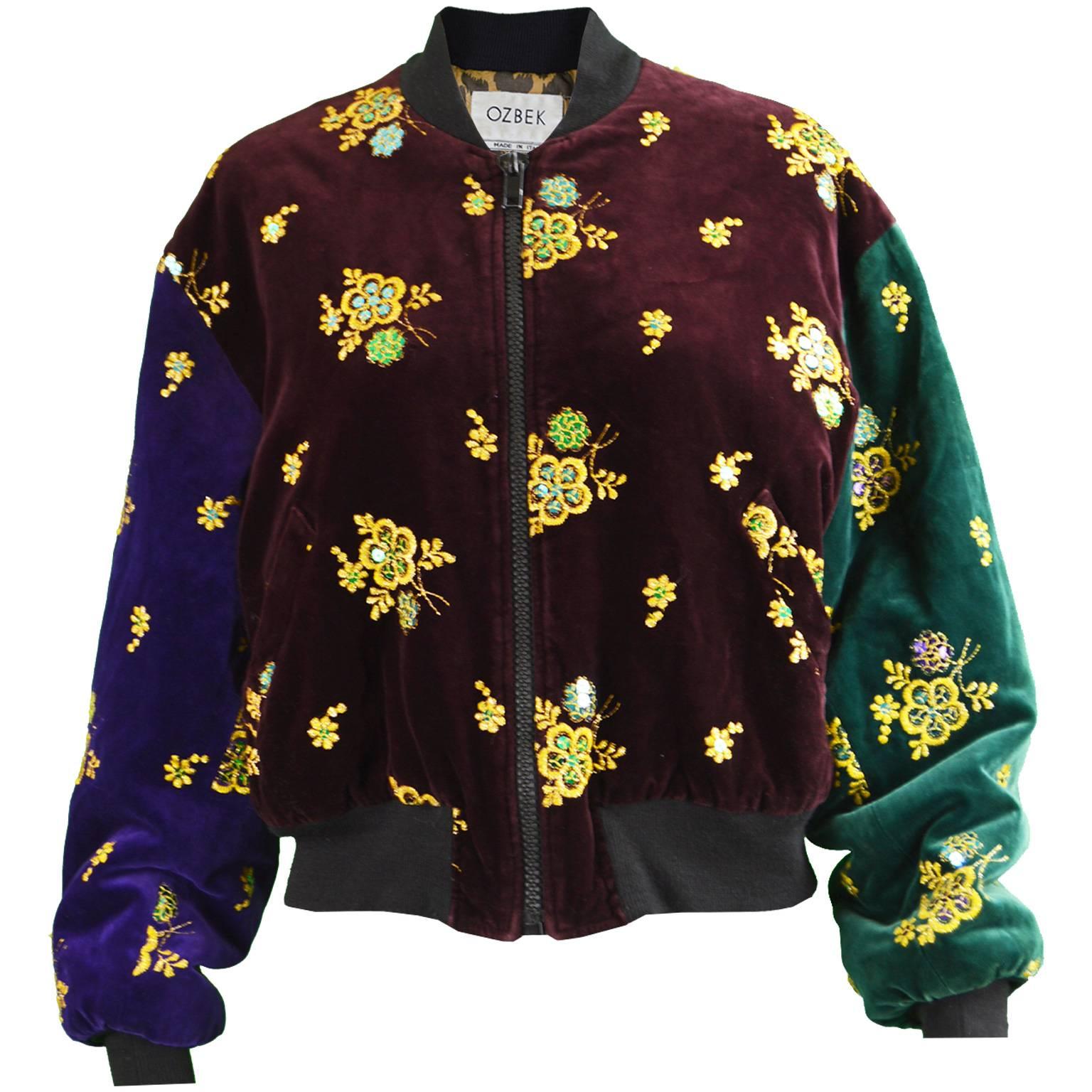 Rifat Ozbek Embroidered Color Block Velvet Women's Bomber Jacket, 1990s