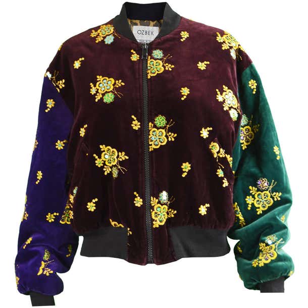 Rifat Ozbek Embroidered Color Block Velvet Women's Bomber Jacket, 1990s ...