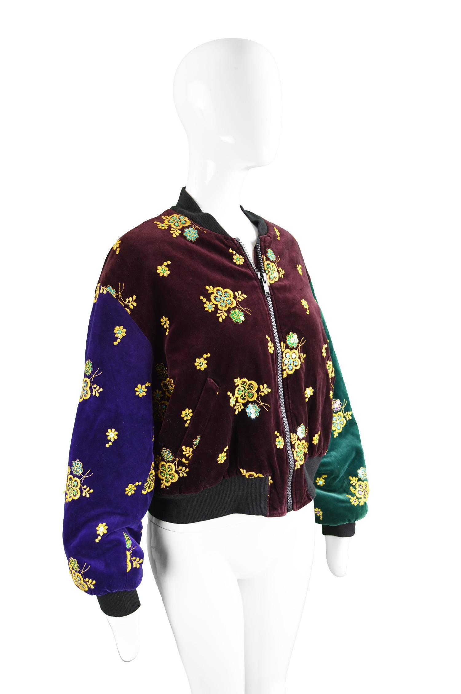 Rifat Ozbek Embroidered Color Block Velvet Women's Bomber Jacket, 1990s In Excellent Condition In Doncaster, South Yorkshire