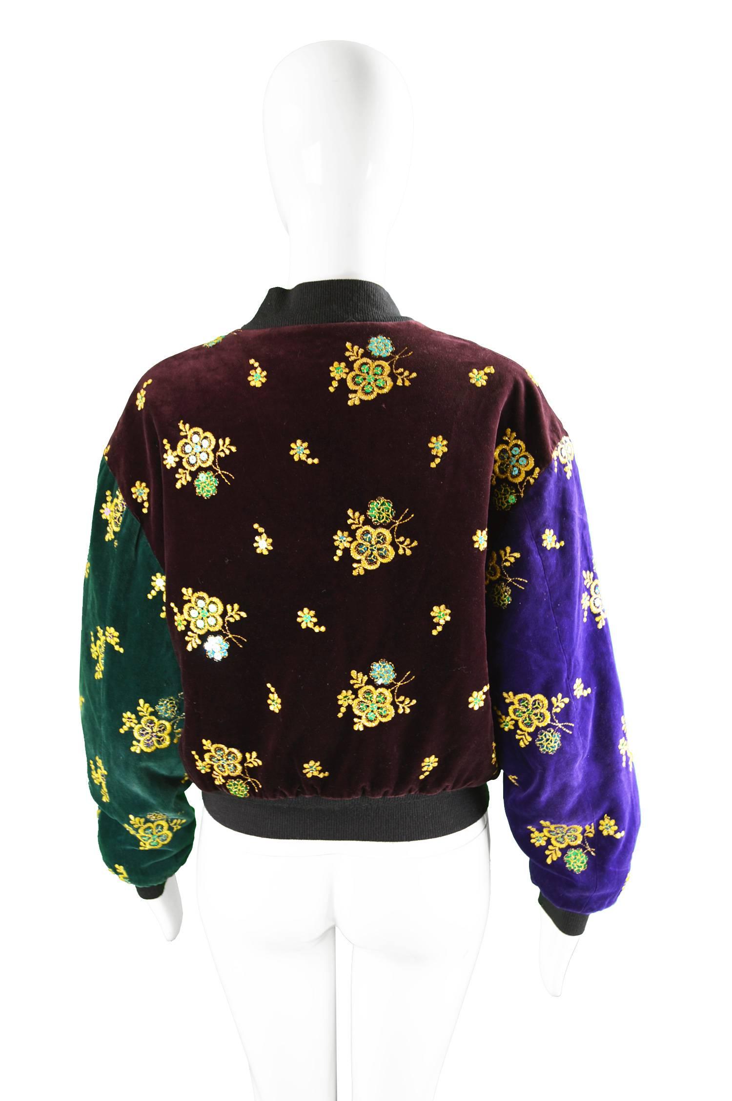 Rifat Ozbek Embroidered Color Block Velvet Women's Bomber Jacket, 1990s 1