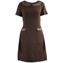 Marcel Fenez Vintage Brown Wool Dress with Quilted Peter Pan Collar 1960s