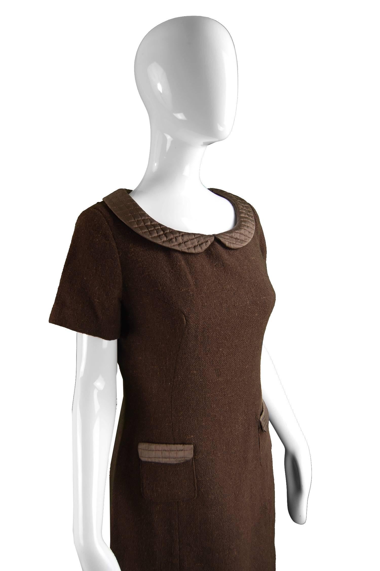 Women's Marcel Fenez Vintage Brown Wool Dress with Quilted Peter Pan Collar 1960s