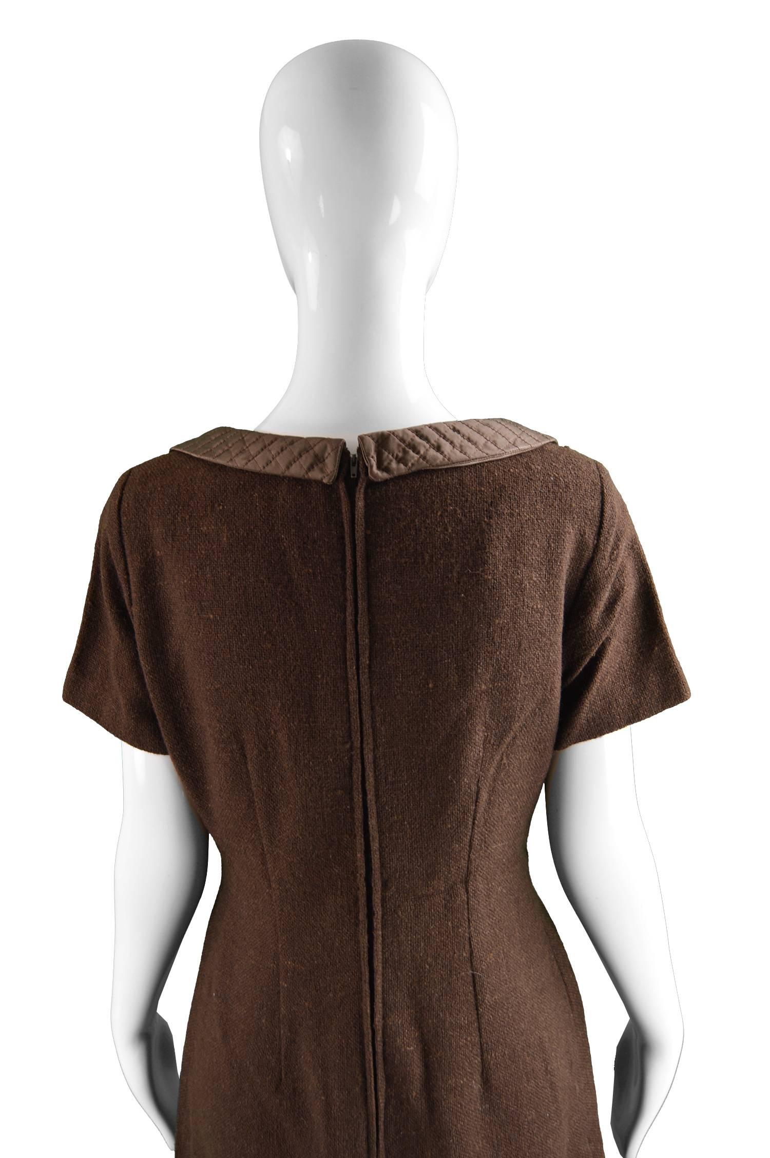 Marcel Fenez Vintage Brown Wool Dress with Quilted Peter Pan Collar 1960s 2
