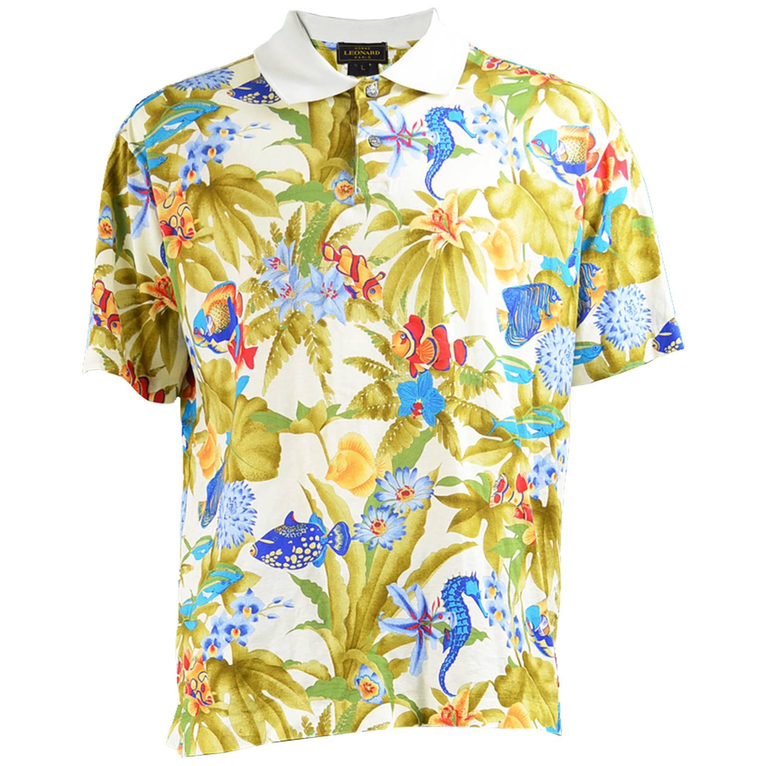 Leonard Paris Homme Vintage Men's Tropical Fish Print Polo T Shirt, 1990s
