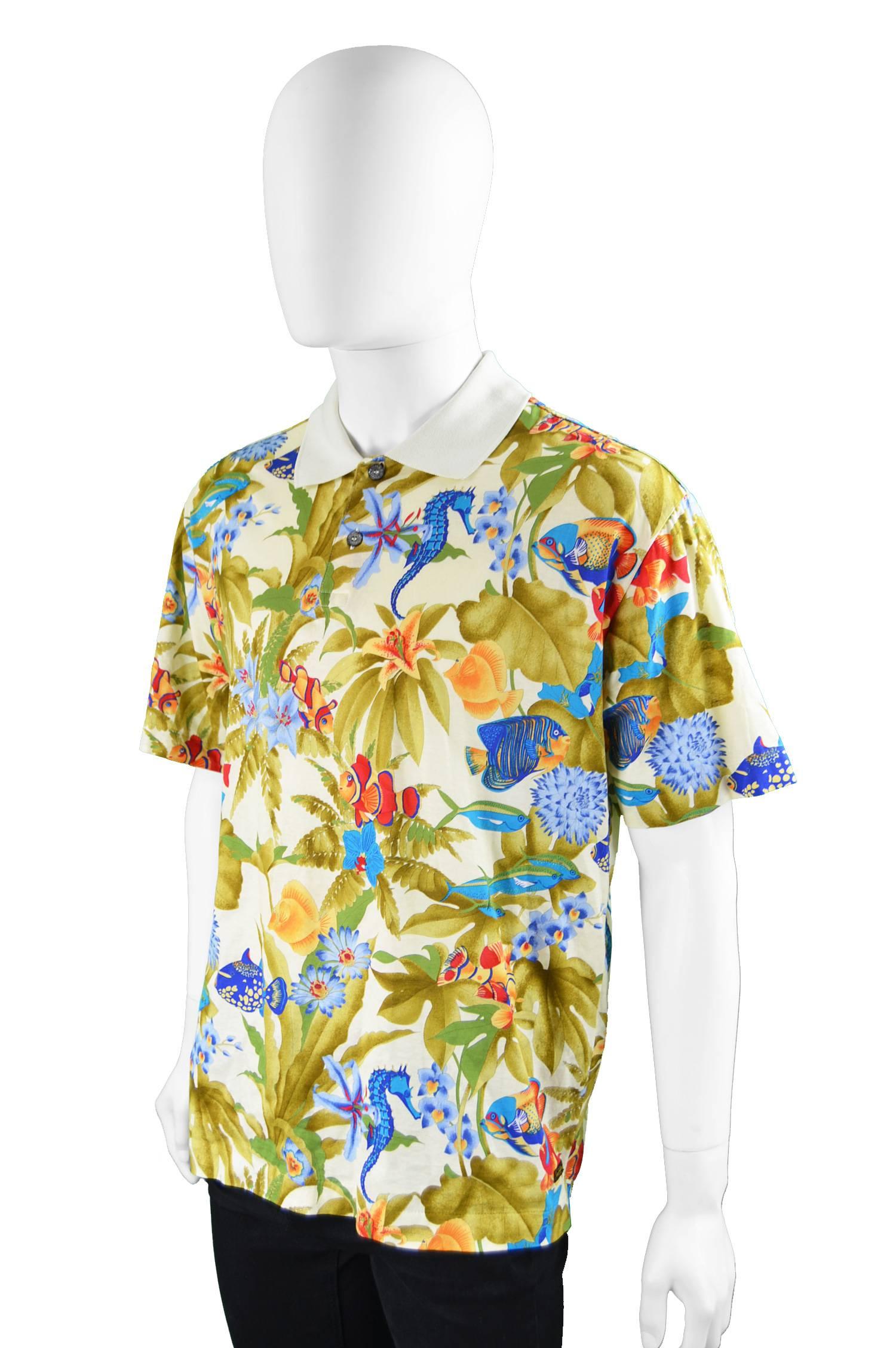 Beige Leonard Paris Homme Vintage Men's Tropical Fish Print Polo T Shirt, 1990s