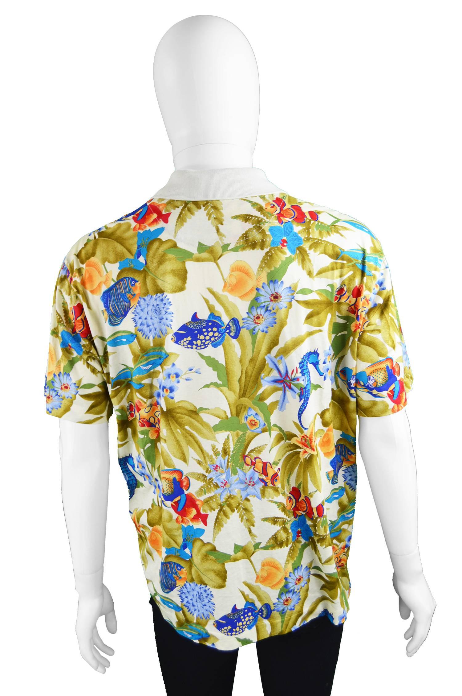 Leonard Paris Homme Vintage Men's Tropical Fish Print Polo T Shirt, 1990s 1