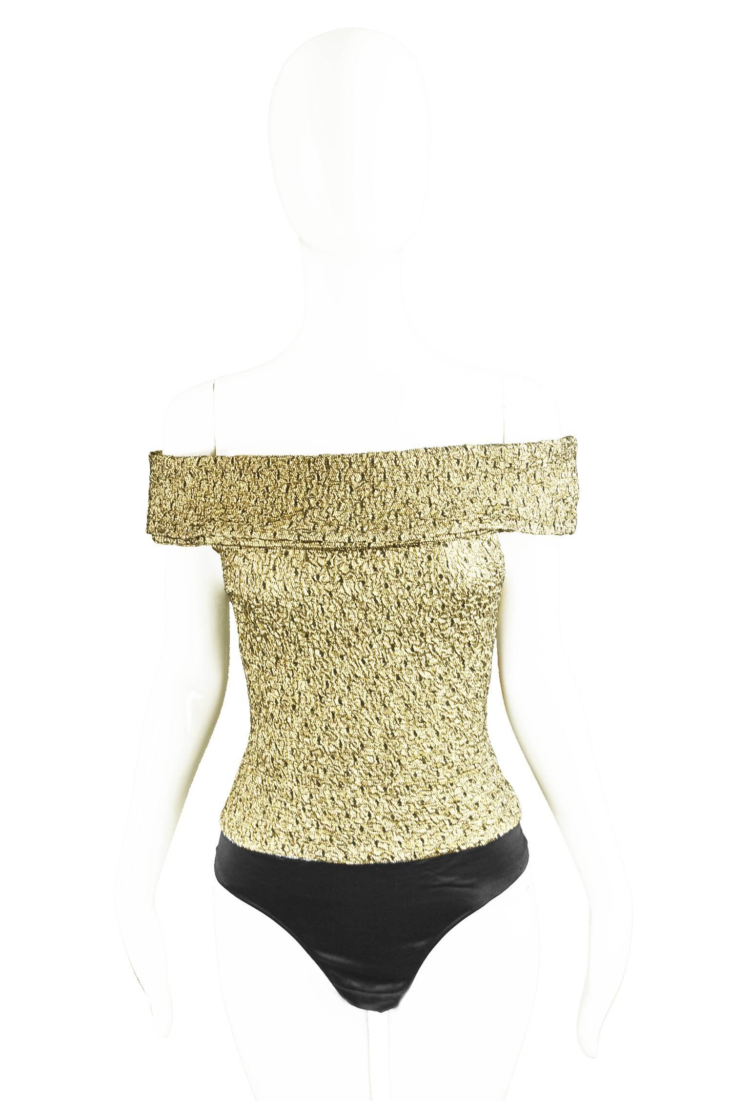 Pancaldi & B Gold Quilted Lamé Tulle Three Piece Bodysuit Skirt Ensemble, 1980s In Excellent Condition In Doncaster, South Yorkshire