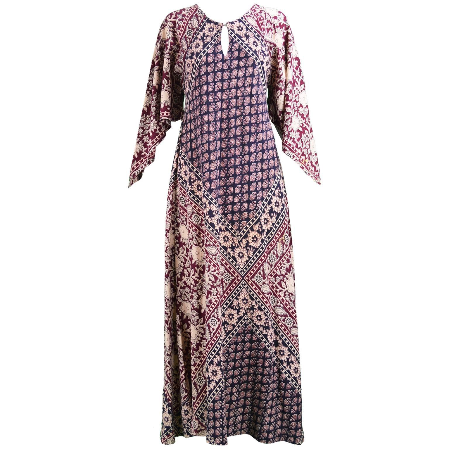 Vintage 1970s Indian Cotton Maxi Kaftan Dress with Pointed Angel Sleeves