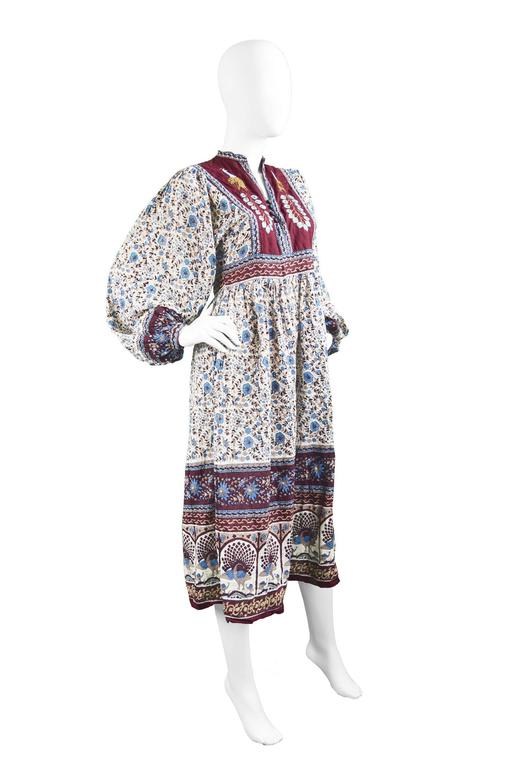 vintage indian cotton gauze dress Vintage 70s Indian Cotton Metallic Gauze Dress Floral Boho Festival