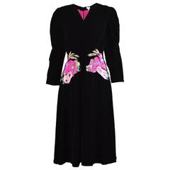 Kenzo Floral Embroidered Black Velvet Draped Evening Dress
