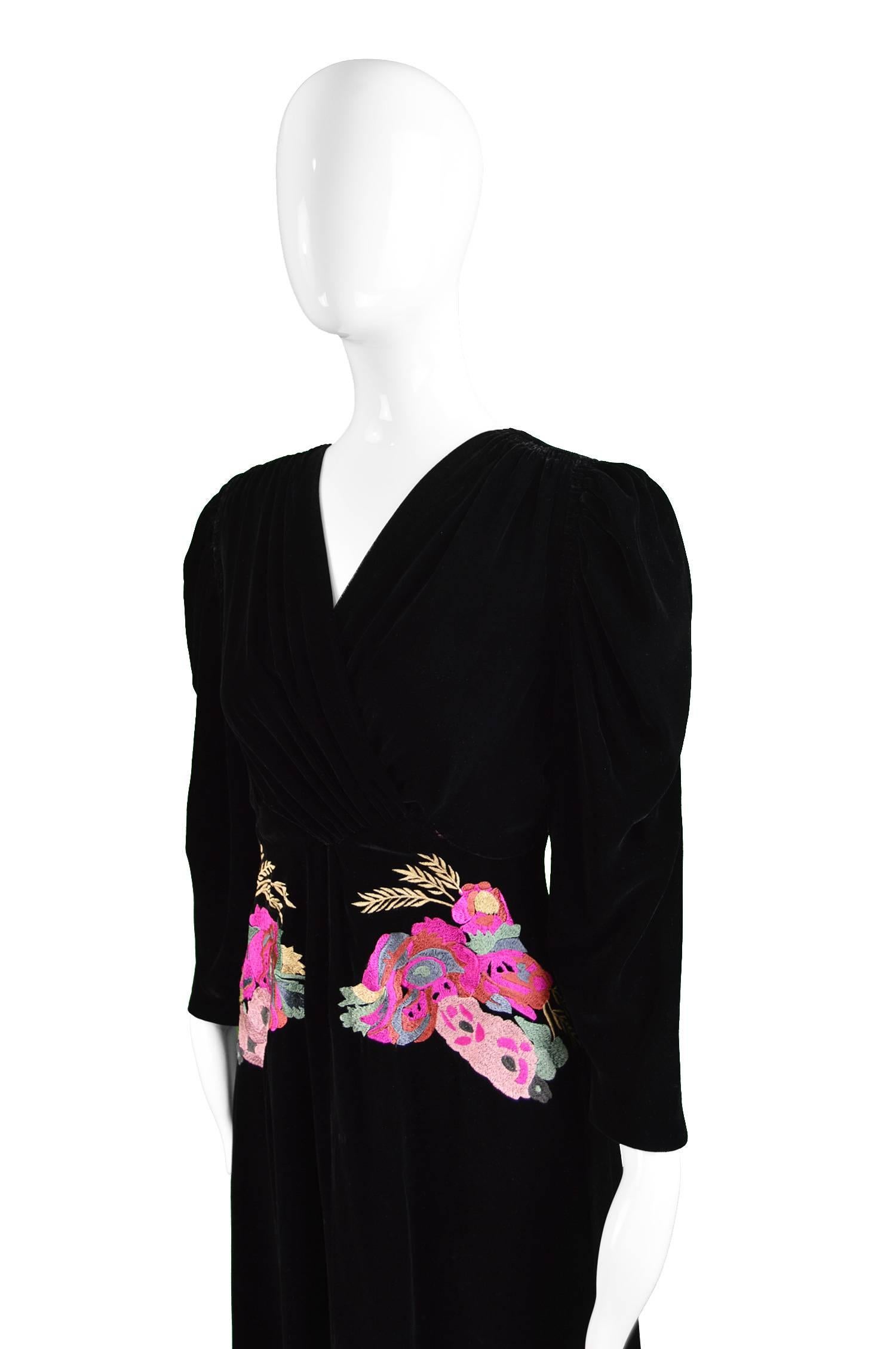 Kenzo Floral Embroidered Black Velvet Draped Evening Dress 2