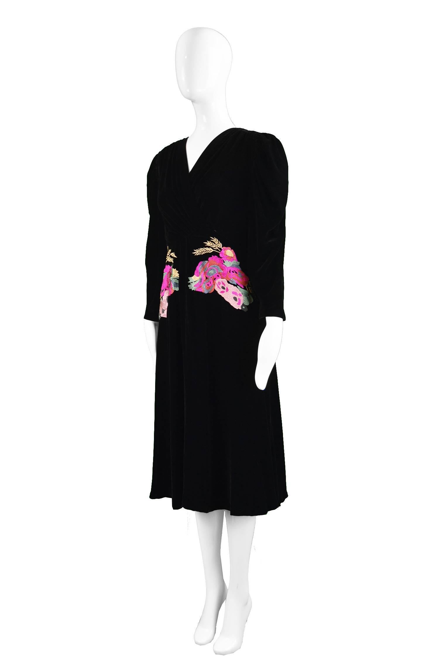 Kenzo Floral Embroidered Black Velvet Draped Evening Dress 3