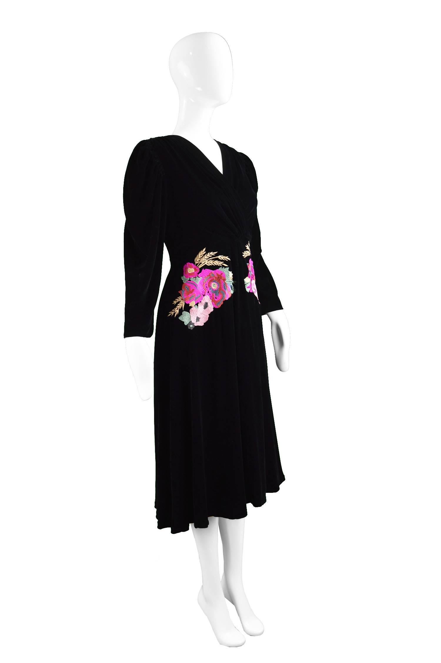 Women's Kenzo Floral Embroidered Black Velvet Draped Evening Dress