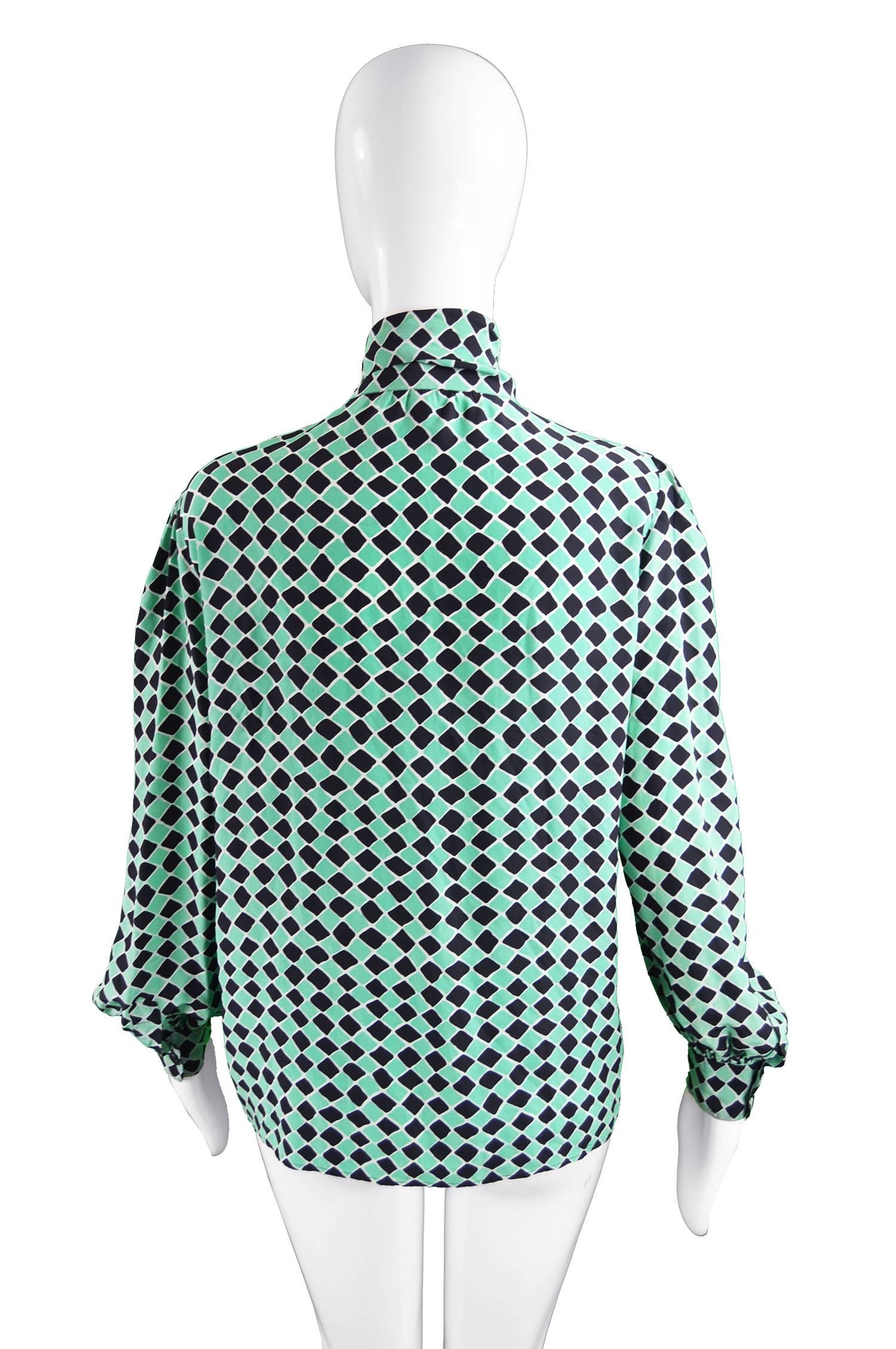 Yves Saint Laurent Green & Black Diamond Silk Pussybow Blouse, 1970s 1