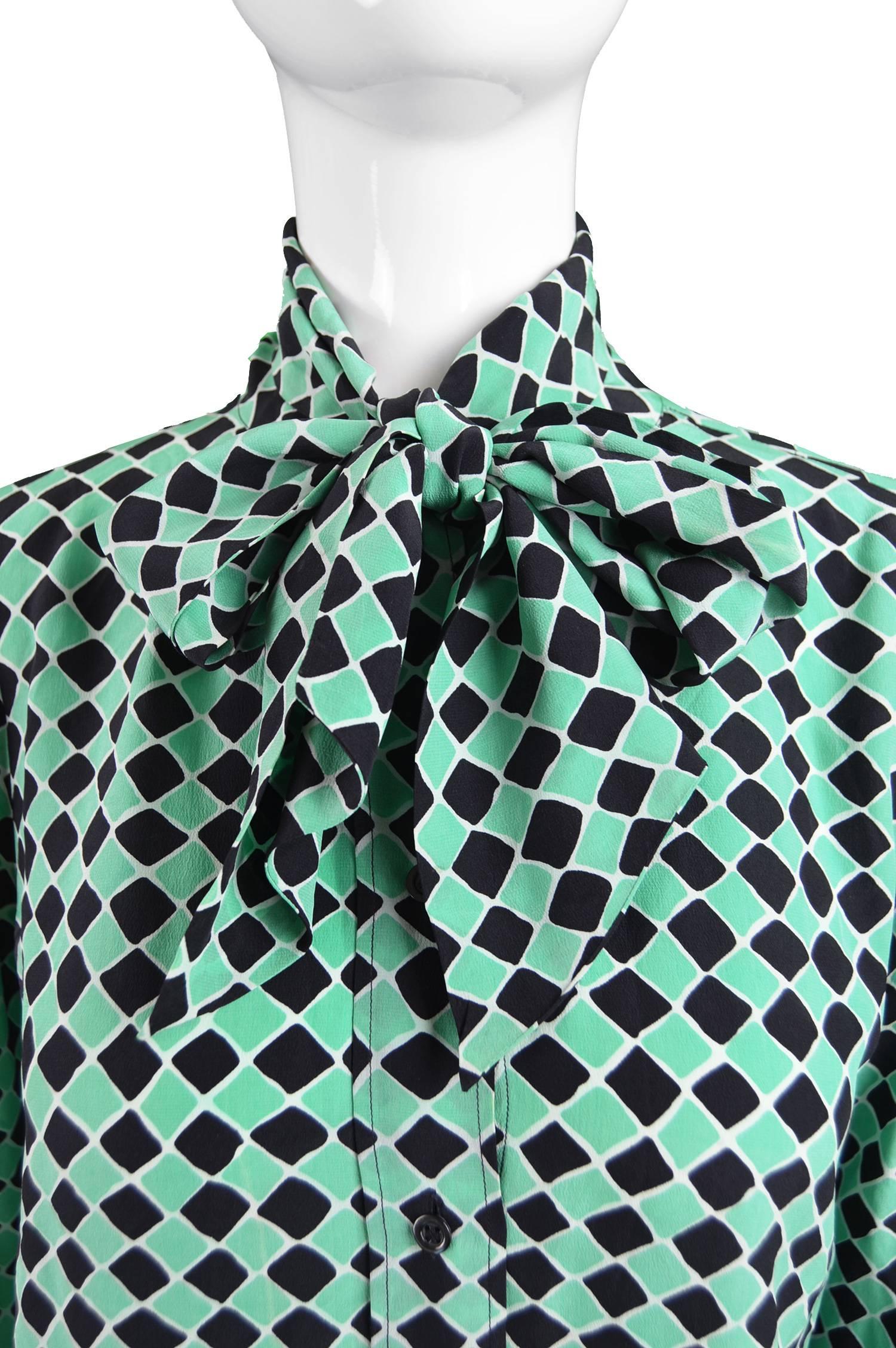 Yves Saint Laurent Green & Black Diamond Silk Pussybow Blouse, 1970s In Excellent Condition In Doncaster, South Yorkshire