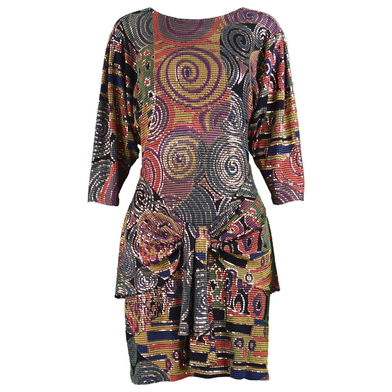 Caché Metallic Painted Mosaic Draped Vintage Evening Dress, 1980s For Sale