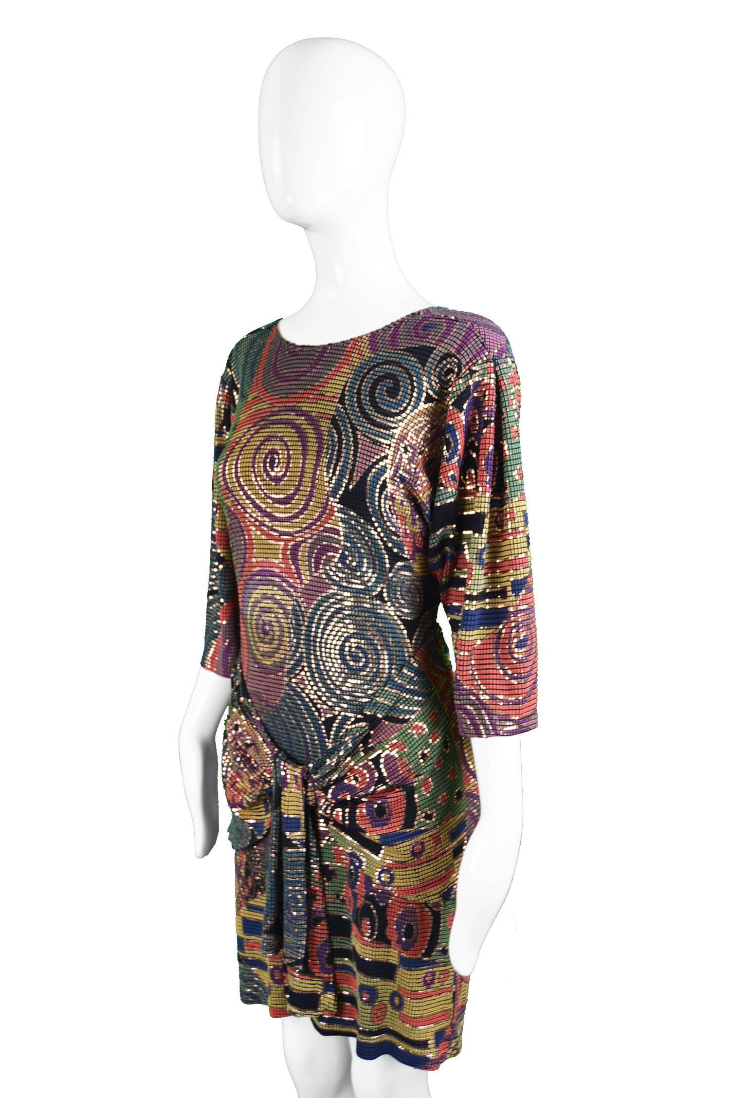 Women's Caché Metallic Painted Mosaic Draped Vintage Evening Dress, 1980s For Sale