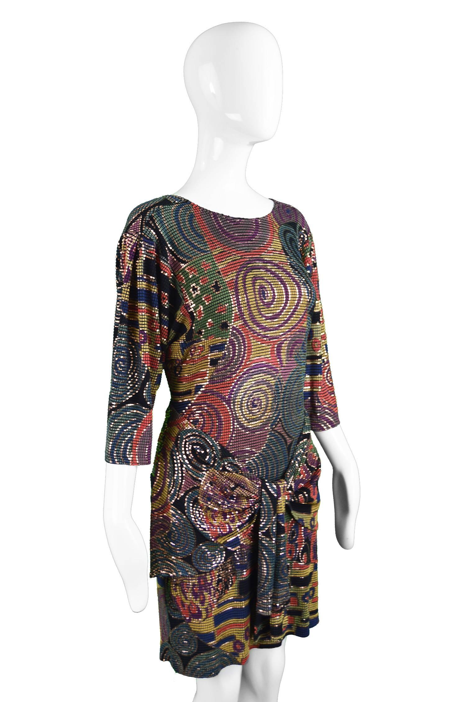 Caché Metallic Painted Mosaic Draped Vintage Evening Dress, 1980s For Sale 2
