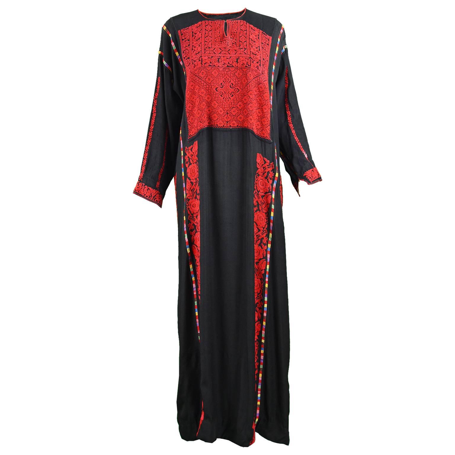 Hand Embroidered Black Vintage Bedouin Palestinian Tribal Dress, c.1930s