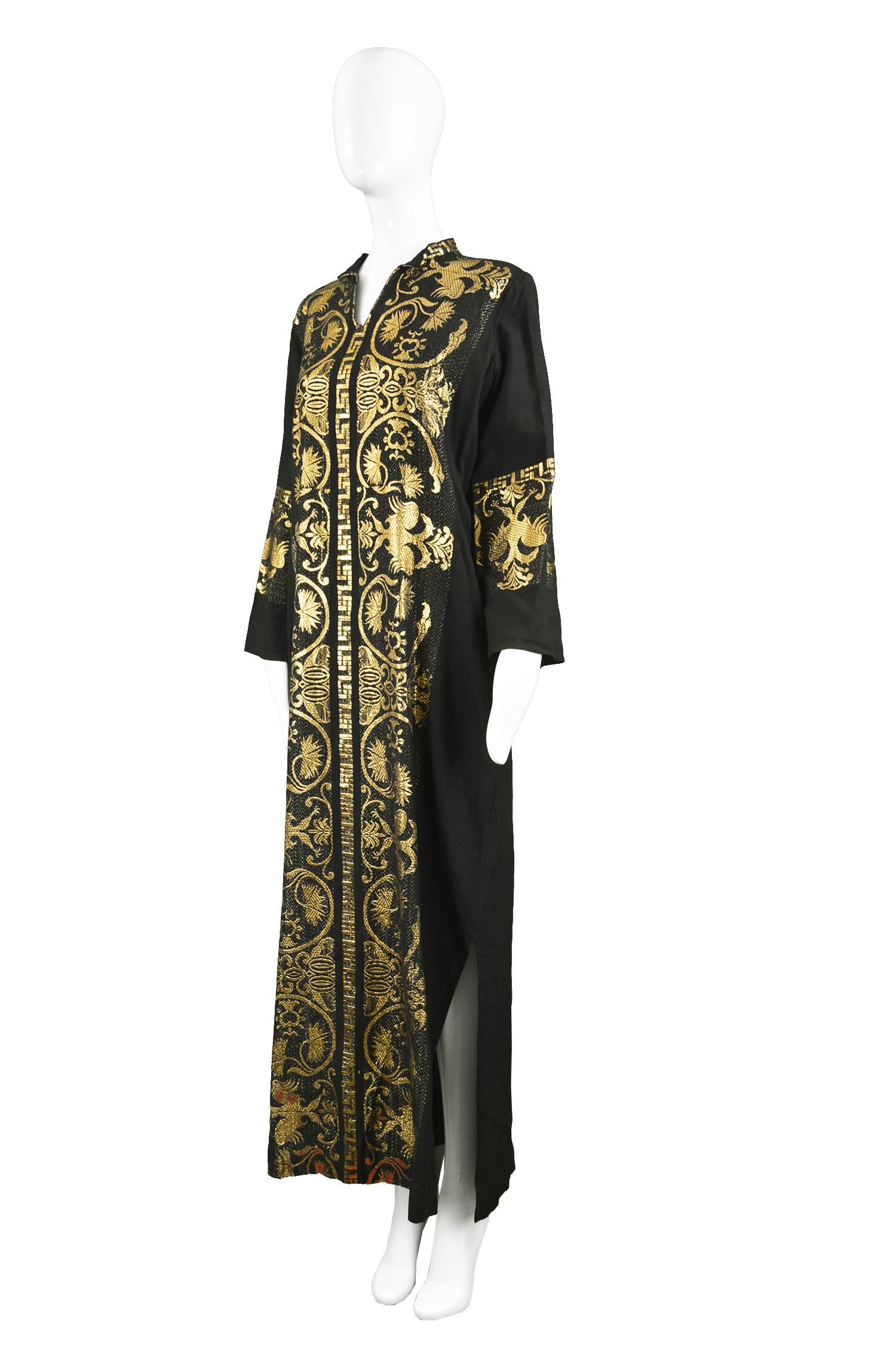 Vintage 1970s Black & Gold Lamé Embroidered Caftan Maxi Dress 1
