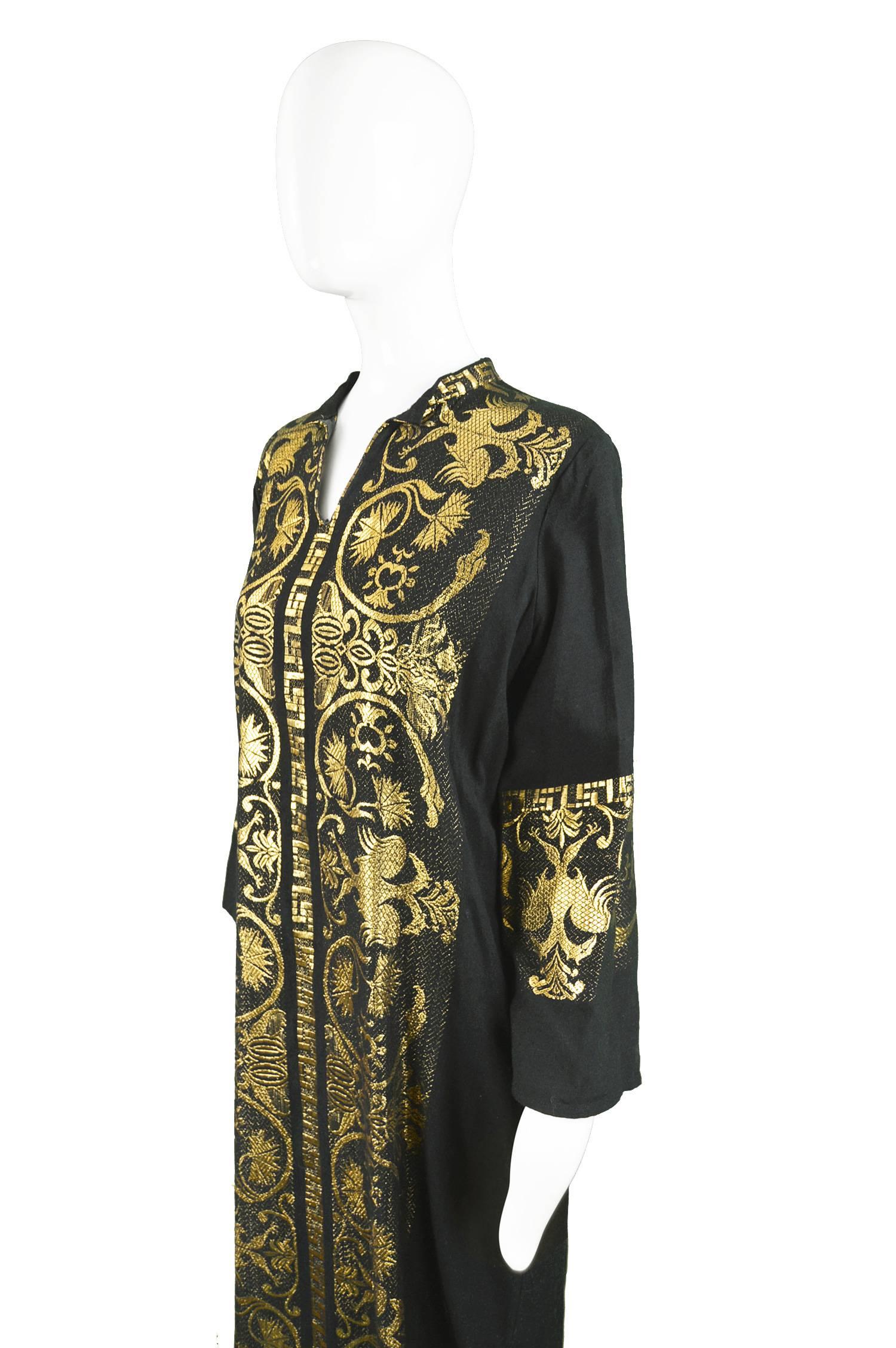 Vintage 1970s Black & Gold Lamé Embroidered Caftan Maxi Dress 2