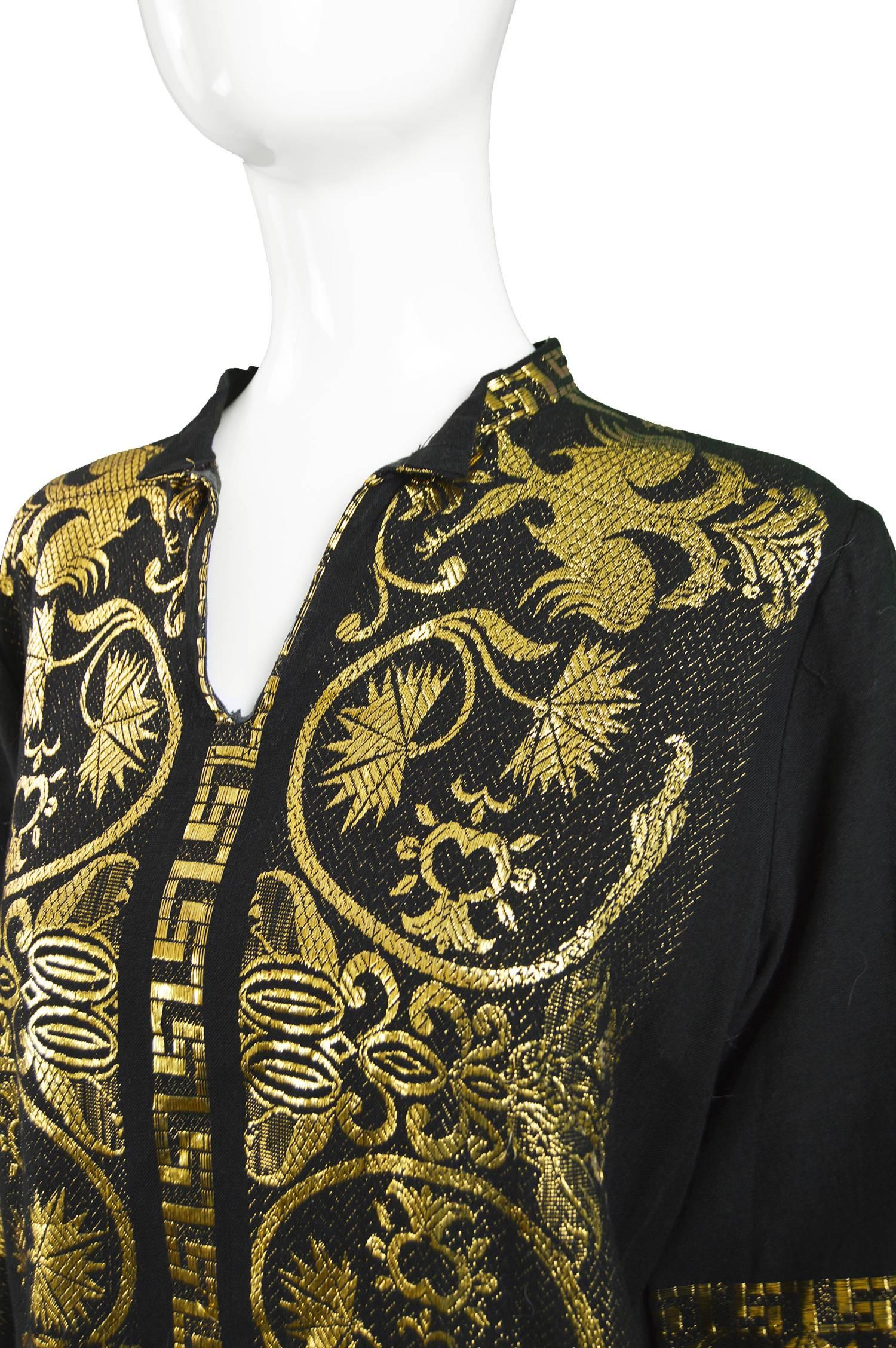 Vintage 1970s Black & Gold Lamé Embroidered Caftan Maxi Dress 3