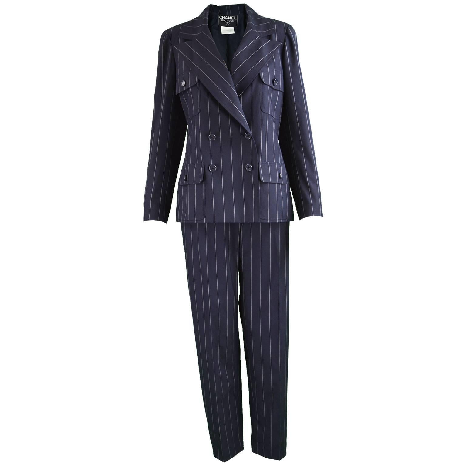 Chanel Womens Vintage Menswear Inspired Pinstripe Pant Suit, S/S 1997